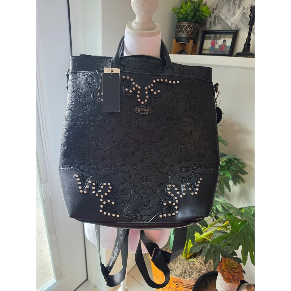 Ed Hardy Black Embossed Skull Studded Backpack Convertible Crossbody Bag NWT
